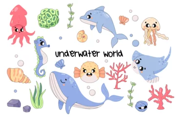 Cercles muraux Vie marine cute sea animals, set, on white background, fugu, whale, dolphin, cuttlefish, jellyfish. Underwater world.