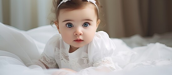 Adorable infant girl lying peacefully on a bed wearing a delicate white dress