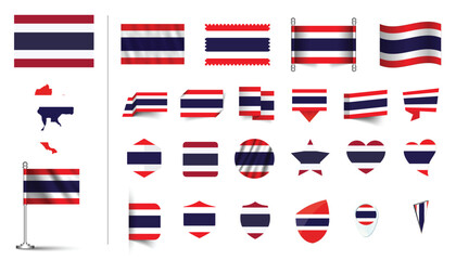 set of Thailand flag, flat Icon set vector illustration. collection of national symbols on various objects and state signs. flag button, waving, 3d rendering symbols, and flag on map symbols