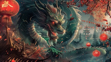 the dragon, Lunar New Year wallpaper, cherry blossoms, and traditional patterns