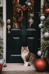 Cat on Christmas door background. Happy new year backdrop. Celebrating winter holidays card.