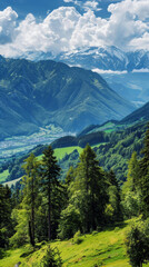 Natural landscape with trees, grass, and mountains, under a cloudy sky. Generative AI