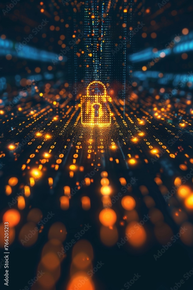 Poster a series of binary digits entering into an electronic security mechanism illustrating data protectio