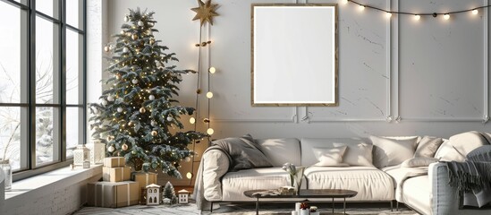 A cozy living room decorated for Christmas with a beautiful tree and a comfy couch, blending interior design with festive cheer