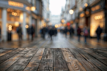 Wooden surface with a blurred city street background. Bokeh effect and urban life concept. Cityscape with pedestrian focus. High quality photo