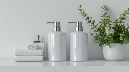 Blank soap dispensers displayed against a clean white background - obrazy, fototapety, plakaty