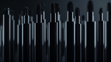 A hyperrealistic mockup of blank mascara tubes against a striking black background - Powered by Adobe