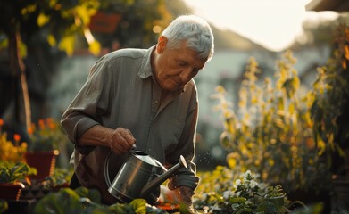 Senior man watering plants in his garden, illustrating the therapeutic benefits of gardening for physical and mental wellness. - obrazy, fototapety, plakaty