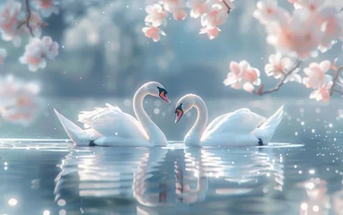 Deurstickers Adorable artwork showcasing a pair of elegant swans floating peacefully on a tranquil lake. © tonstock