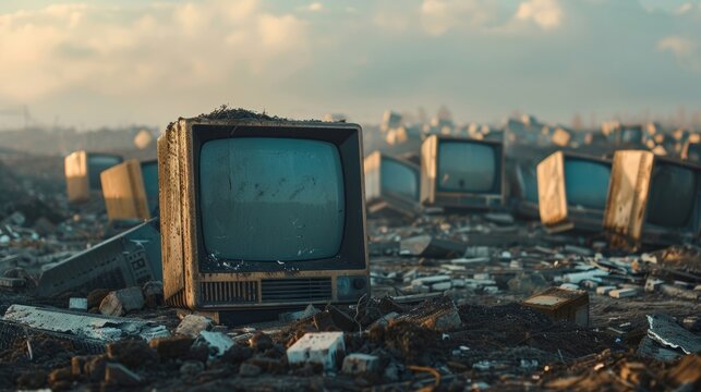 Discarded computer screens in a dump, emphasizing the ecological impact of technological advancement