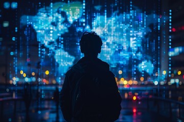 Imagine a vivid depiction of a cybersecurity expert actively responding to a cyber threat, with their shadow blending into the digital landscape of maps and network connections, symbolizing