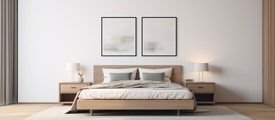 A cozy bed with a clean white comforter neatly arranged, featuring two framed pictures hanging on the wall
