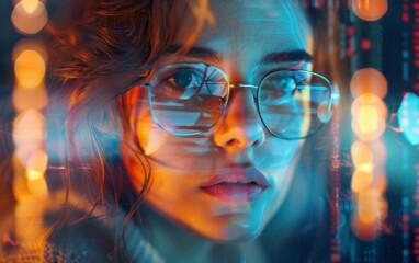 A woman's portrait in glasses showcases a creative and forward-thinking approach to software development.
