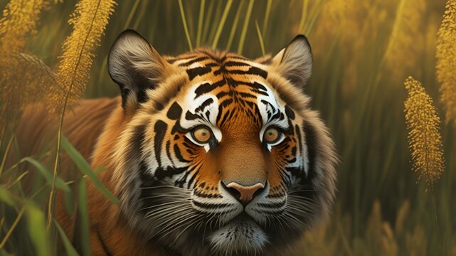 Curious eyes of tiger in tall grass