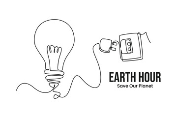 Simple continuous line draw icon Unplug the power bulb. Earth hour concept. Earth globe with on off light switch icon or power button. Abstract space background with stars.