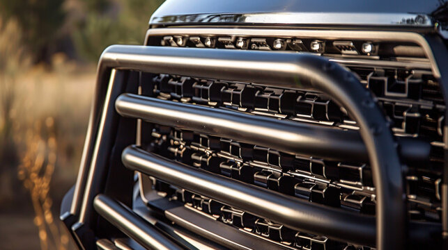 A reinforced grille guard, made from solid steel bars, providing protection to the front of the truck