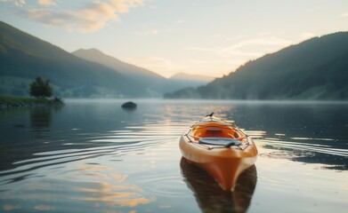 Serene lake scene with a kayak gently floating, symbolizing the peacefulness and rejuvenation that comes from water-based wellness activities.