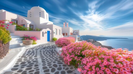 Santorini, Greece. Picturesq view of traditional cycladic Santorini houses on small street with flowers in foreground. Location Oia village, Santorini, Greece - obrazy, fototapety, plakaty