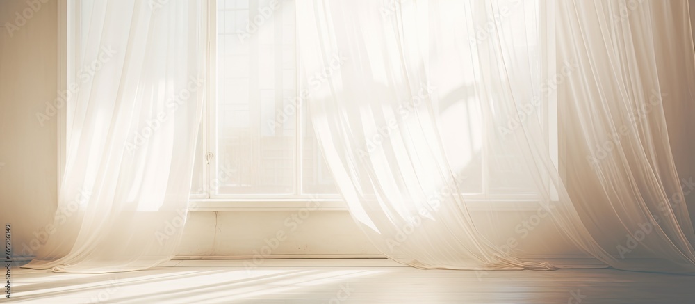 Poster sunlight beams gently filtering through a window and illuminating a delicate white curtain in a sere