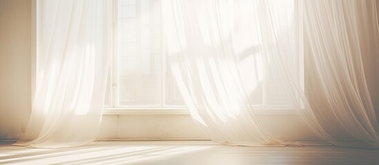 Sunlight beams gently filtering through a window and illuminating a delicate white curtain in a serene room