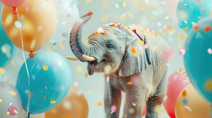 Children's birthday concept. A cute baby elephant with confetti and colorful balloons.