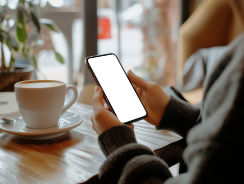 Mockup template of a person using a mobile device while working remotely at a coffee shop. PNG transparent mockup image