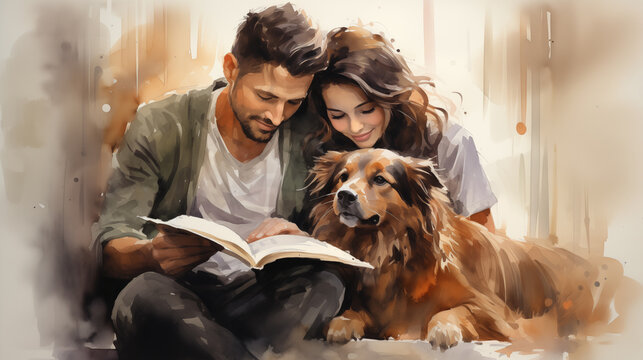 A digital painting of a couple and their dogs reading a book