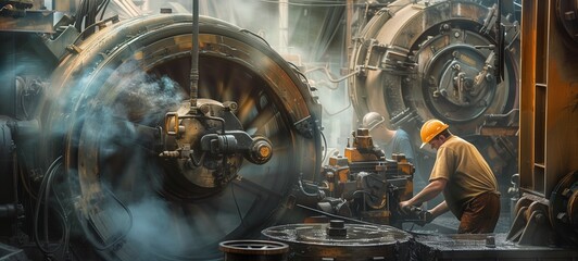 Heavy machinery in operation at an industrial site. This image features workers in safety gear attentively operating large, complex machinery enveloped in steam and metallic textures. - obrazy, fototapety, plakaty