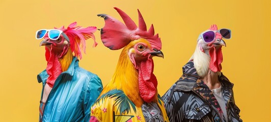 Fashion-forward chickens in sunglasses. This playful and vibrant image depicts three chickens in human clothing and trendy sunglasses - obrazy, fototapety, plakaty