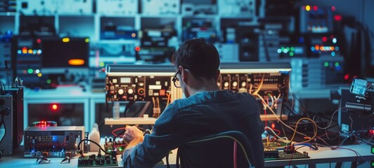 Electronics engineer at work. Image shows a professional in a lab with electronic testing equipment and computers, engrossed in analyzing or repairing circuit boards. - Powered by Adobe