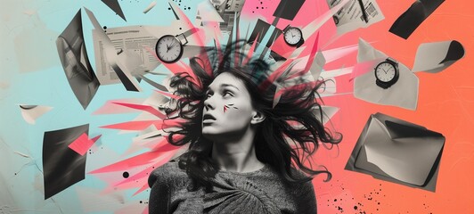 Concept of chaos and information overload. A young woman with her hair and surrounding objects exploding in a dynamic collage of documents, clock faces, and vibrant abstract shapes.