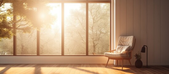 A living room in a building with hardwood flooring, a chair, and a large window with the sun...