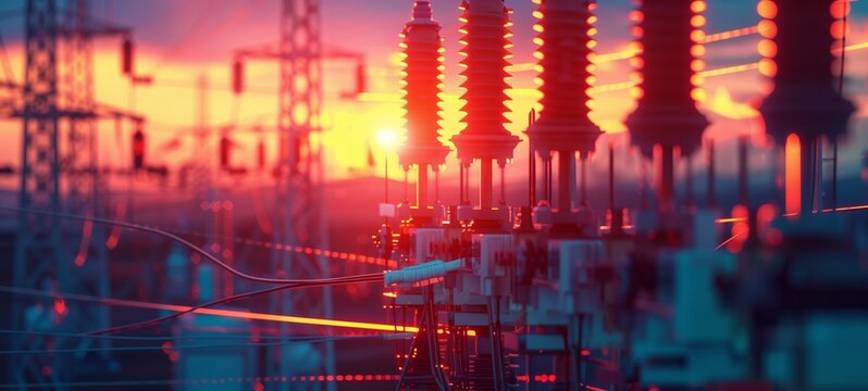 Electrical power substation at sunset. The image displays a detailed close-up of switchgear and transmission towers against a vivid sky, symbolizing energy infrastructure and power distribution.