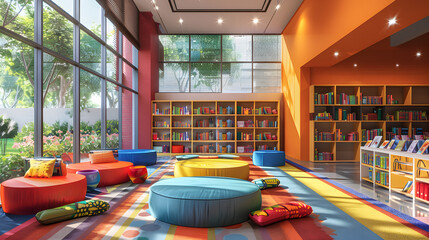 A modern library with a dynamic children's section