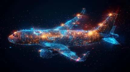 Foto op Canvas Detailed top view of an airliner in the form of a starry sky, composed of points, lines, and shapes forming planets, stars, and the universe. Modern business illustration. © DZMITRY