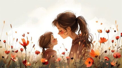 Mother and daughter in the meadow with flowers. Happy mother's day concept