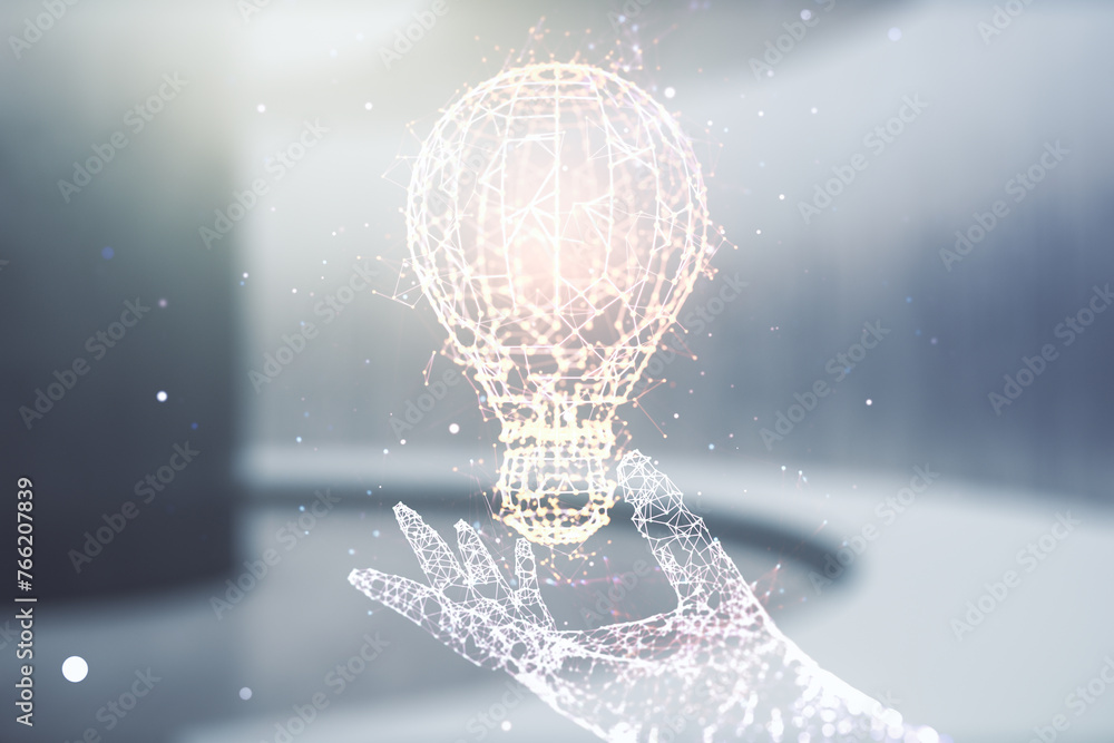 Poster abstract virtual light bulb hologram on empty classroom background, idea concept. multiexposure