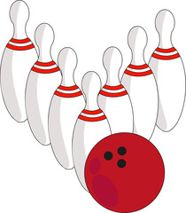Quilles de bowling avec boule sur fond blanc	