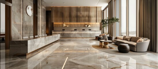 A spacious and elegant lobby with a glossy and polished marble floor in a contemporary building