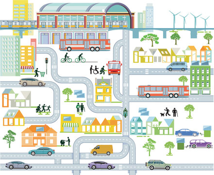Bahnverkehr und Stra&szlig;enverkehr mit Bahnhof,, Menschen  Illustration