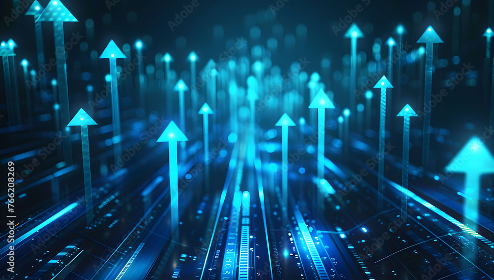 Poster abstract background with blue glowing arrows pointing upwards, representing growth and progress in t