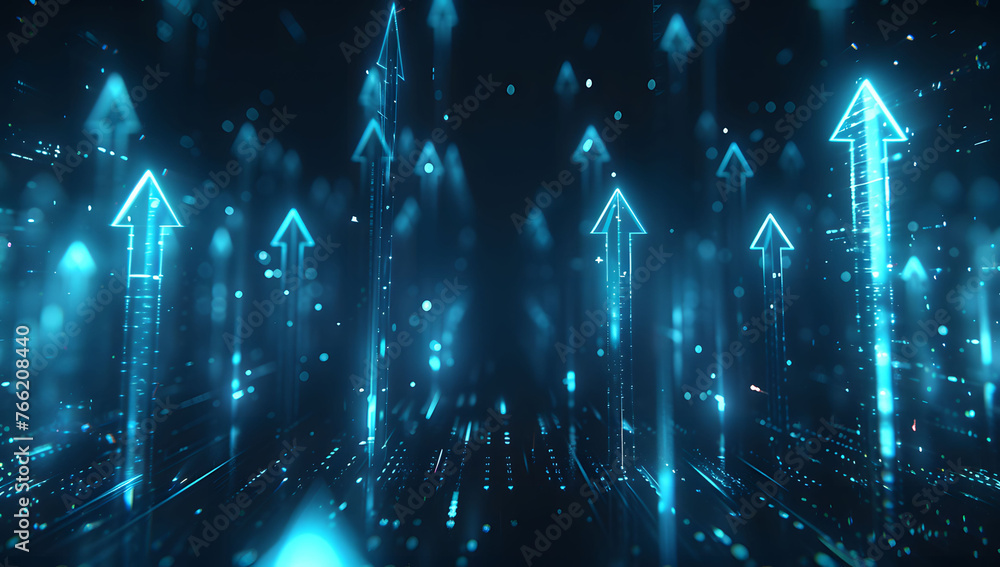 Poster abstract background with blue glowing arrows pointing upwards, representing growth and progress in t