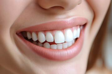 female smiling mouth with healthy white smile with whitening teeth macro