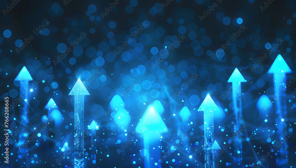 Poster abstract background with blue glowing arrows pointing upwards, representing growth and progress in t