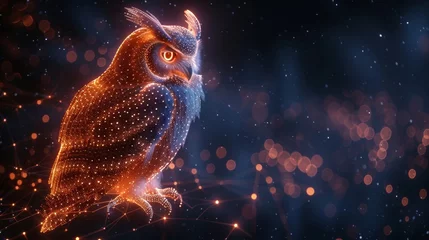 Fototapete Rund The owl on a dark background is isolated from a low poly wireframe. Wild bird of prey. Modern polygonal image in the form of a starry sky or space made up of points, lines and shapes that resemble © DZMITRY