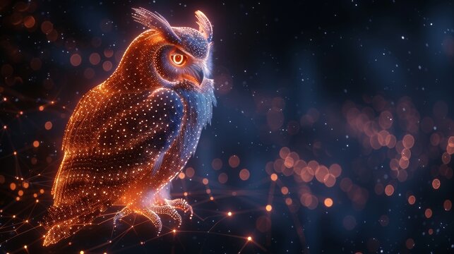 The owl on a dark background is isolated from a low poly wireframe. Wild bird of prey. Modern polygonal image in the form of a starry sky or space made up of points, lines and shapes that resemble