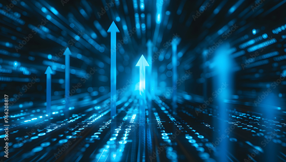 Poster abstract background with blue glowing arrows pointing upwards, representing growth and progress in t