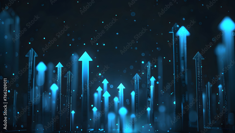 Poster abstract background with blue glowing arrows pointing upwards, representing growth and progress in t