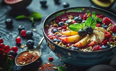 Smoothie bowl adorned with fresh fruits and nuts, capturing the appeal of nutritious and visually...