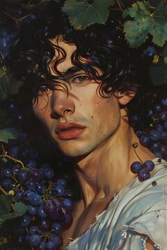 Moody tone painting of men with curly hair with holding grapes ,  For wall art, digital art, home decor , background and wallpaper